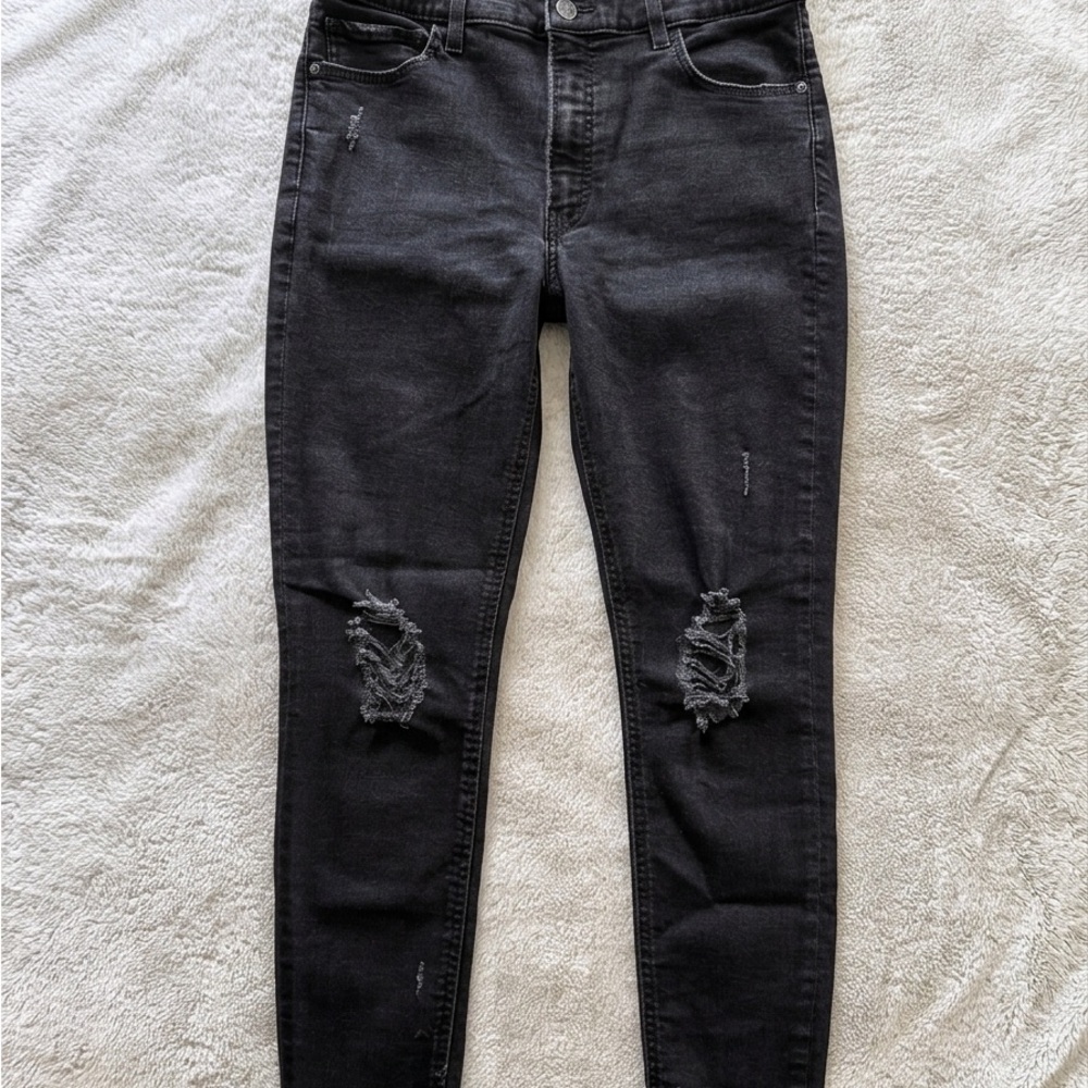 Express Women’s Black Distressed Skinny Jeans Size 12R Mid Rise Stretch Denim